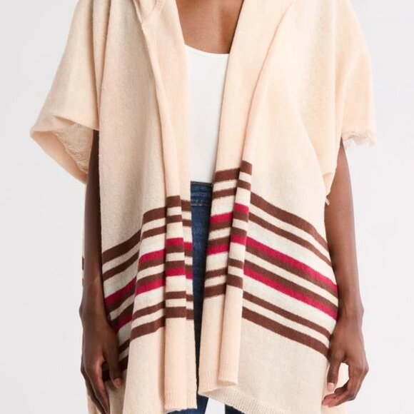 Melrose & Market Hooded Poncho Cape Wrap NWT One Size Beige Striped - Picture 1 of 3